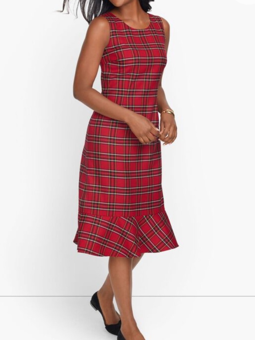 NWT Talbots Red Tartan Plaid Sleeveless Wool Blend Ruffle Hem Sheath Dress